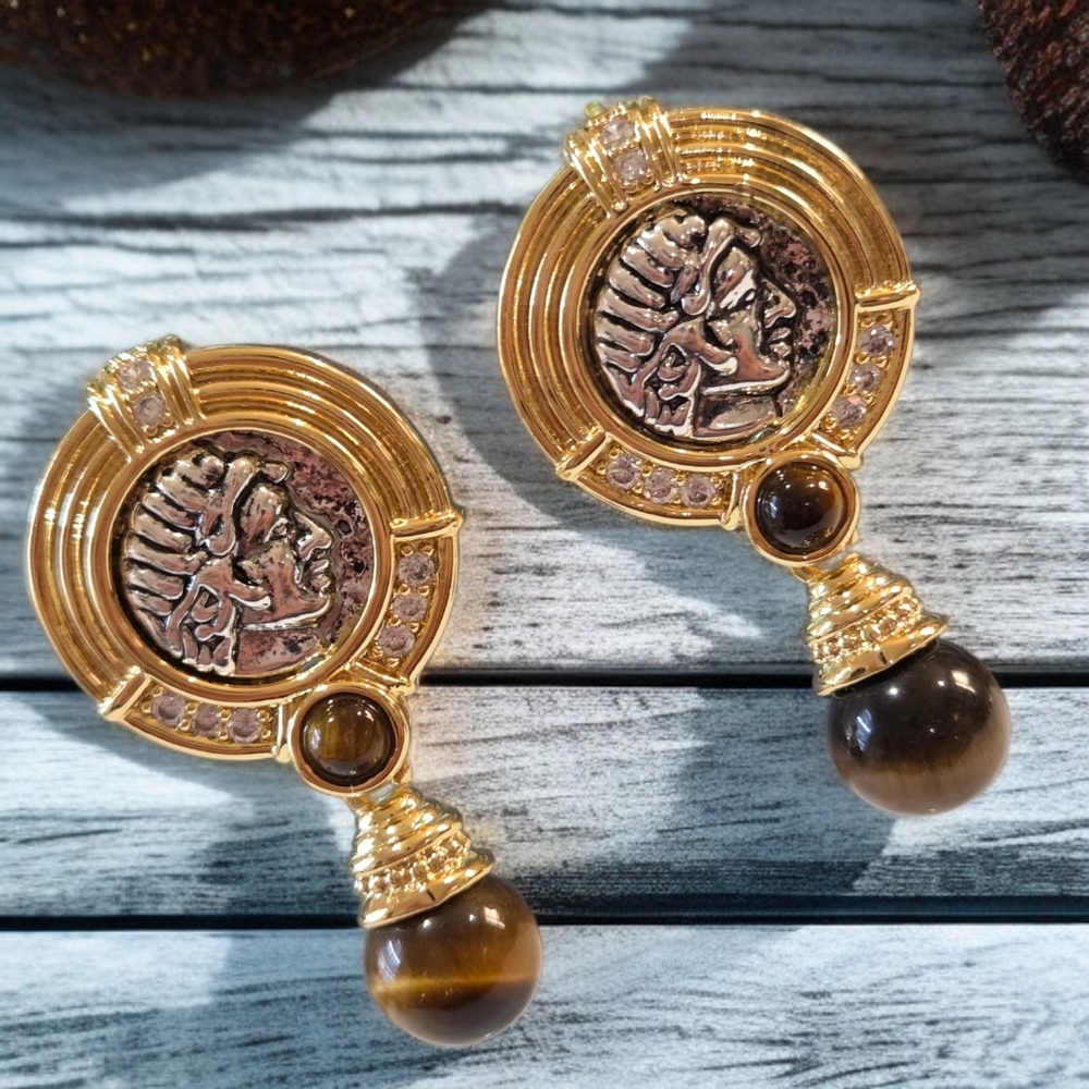 18k Gold Plated Ancient Coin Tigers Eye Dangle Drop Earrings - Picture 3 of 5